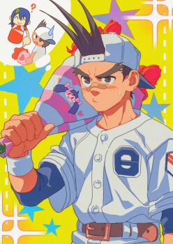 Rule 34 | 1boy, ancpaghetti, ayuhara natsu, backwards hat, bandaid, bandaid on face, bandaid on nose, baseball cap, baseball uniform, belt, black hair, bouquet, brown belt, brown eyes, dark-skinned male, dark skin, flower, forked eyebrows, hat, highres, holding, holding bouquet, justice gakuen, male focus, nervous, sawamura shoma, shirt, short hair, solo, sparkle, speech bubble, spiked hair, sportswear, star (symbol), sweatdrop, thick eyebrows, thought bubble, undershirt, v-shaped eyebrows, white shirt, yellow background