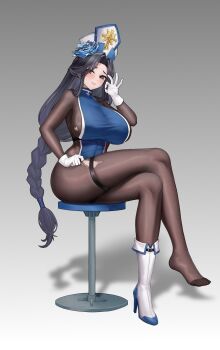1girl absurdres black_hair blue_tabard bodystocking boots braid braided_ponytail breasts cross cross_earrings earrings full_body gloves goddess_of_victory:_nikke highres huahuademaomaotou huge_breasts ice_flower jewelry long_hair looking_at_viewer maiden_(ice_rose)_(nikke) maiden_(nikke) official_alternate_costume red_eyes single_boot sitting solo tabard thigh_strap torn_bodystocking torn_clothes very_long_hair white_gloves