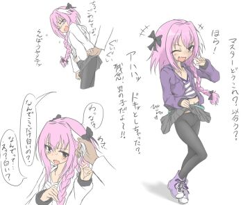 1boy astolfo_(fate) blush bow braid crossdressing crossdressing_(mtf) disembodied_hand fang fate/grand_order fate_(series) hair_bow japanese_text looking_at_viewer midriff mudadamuda open_mouth pink_hair shoes skin_fang skirt smile standing translation_request trap