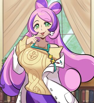 1girl absurdres blush breasts coat collarbone earrings flower_earrings green_eyes highres jewelry lab_coat large_breasts long_hair long_sleeves miriam_(pokemon) missandydandy multicolored_hair nail_polish nintendo off-shoulder_sweater off_shoulder open_clothes open_coat open_mouth pencil_skirt pink_hair pokemon pokemon_sv purple_hair school_nurse skirt smile solo streaked_hair striped_clothes striped_skirt sweater swept_bangs