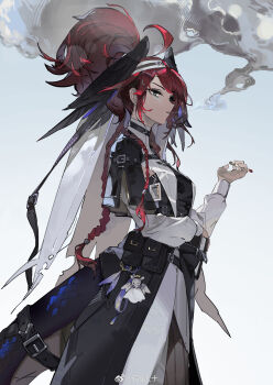 1girl absurdres arknights black_coif black_dress braid dress feathered_wings gracebearer_(arknights) head_wings highres l+_(colour0816) long_hair nun red_hair smoking snake_girl snake_tail solo swept_bangs tail wings