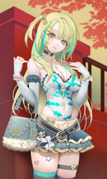 Rule 34 | 1girl, absurdres, aqua hair, bag, belt, black belt, blonde hair, blue bag, blue nails, bow, bracelet, breasts, character request, cleavage, copyright request, cross, cross necklace, detached sleeves, green eyes, hair bow, hair ornament, handbag, heart, highres, jewelry, leotard, lloule, long hair, multicolored hair, necklace, one side up, pearl necklace, pleated skirt, ring, skirt, sleeves past wrists, solo, star (symbol), star hair ornament, streaked hair, thigh strap, thighhighs, white leotard, yellow bow