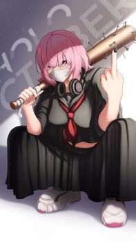 Rule 34 | 1girl, absurdres, banchou, baseball bat, black nails, black shirt, black skirt, breasts, clero (viprimo), delinquent, full body, headphones, headphones around neck, highres, hololive, hololive english, middle finger, mori calliope, nail (hardware), nail bat, neckerchief, pink eyes, pink hair, pleated skirt, red neckerchief, shirt, short hair, skirt, slav squatting, solo, squatting, virtual youtuber