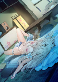 1girl after_female_ejaculation after_masturbation aqua_ribbon blonde_hair bow bread breasts clothes_lift excessive_pussy_juice female_ejaculation food fumihiko_(fu_mihi_ko) hair_bow hair_ornament hair_ribbon hair_spread_out highres hololive kazama_iroha kazama_iroha_(street) long_hair masturbation medium_breasts messy_hair multiple_hair_bows nipples no_bra official_alternate_costume on_floor pussy_juice pussy_juice_puddle pussy_juice_stain ribbon shiny_skin shorts shorts_around_one_leg solo thigh_strap virtual_youtuber wet