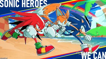 3boys beach copyright_name english_text gloves green_eyes group_picture highres knuckles_the_echidna male_focus midair multiple_boys ocean running sand sonic_(series) sonic_heroes sonic_the_hedgehog tails_(sonic) trizziefrizzie white_gloves
