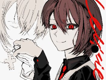 1boy 1girl @_@ asymmetrical_hair blending brown_hair carrie-chan carrie_(song) character_name closed_mouth collared_shirt cross cross_necklace gloves hair_between_eyes hand_grab hashtag-only_commentary jewelry kagami_hayato kagami_hayato_(3rd_costume) kiss kissing_hand looking_at_viewer necklace necktie nijisanji nogon_2 pale_skin pixelated red_eyes red_necktie shirt short_hair sidelocks smile song_name sweater_vest upper_body virtual_youtuber white_background white_gloves white_sweater_vest wing_collar