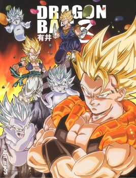 6+boys arii_me05 arm_blade black_vest blonde_hair blue_pants blue_sash blue_shirt boots cropped_vest dougi dragon_ball dragonball_z father_and_son ghost gloves gogeta gotenks group_picture highres medium_hair multiple_boys muscular muscular_male no_shirt orange_shirt pants sash shirt spiked_hair super_saiyan super_saiyan_1 trait_connection vegetto vest weapon white_boots white_gloves white_pants