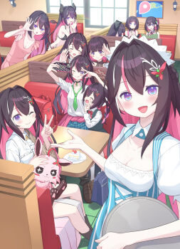 6+girls ;3 aged_down asymmetrical_sidelocks azki_(1st_costume)_(hololive) azki_(2nd_costume)_(hololive) azki_(3rd_costume)_(hololive) azki_(4th_costume)_(hololive) azki_(hololive) beckoning blue_dress blush bodice braid breasts brown_hair cleavage cleavage_cutout clothing_cutout colored_inner_hair commentary_request demon_girl demon_horns demon_tail double-parted_bangs dress gyaru hair_between_eyes hair_intakes hair_ornament hairclip half_up_braid highres holding holding_tray hololive hololive_grand_theft_auto horns indoors long_hair maid_headdress medium_breasts mille mole mole_under_eye multicolored_hair multiple_girls multiple_persona one_eye_closed pink_dress pink_hair pioneer_(azki) puffy_short_sleeves puffy_sleeves purple_eyes restaurant school_uniform selfie shirt short_sleeves sidelocks streaked_hair striped_clothes striped_dress tail tray underbust vertical-striped_clothes vertical-striped_dress very_long_hair virtual_youtuber waitress white_shirt