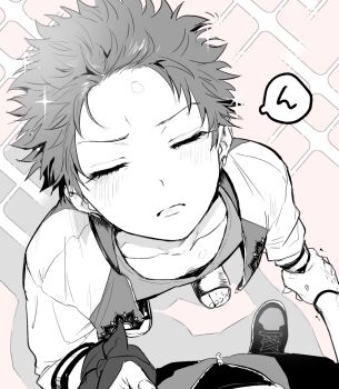 2boys blush bracelet closed_eyes collarbone ear_piercing earrings forehead from_above furrowed_brow greyscale_with_colored_background hair_slicked_back hand_on_another&#039;s_chest hand_up harai_kuko holding_another&#039;s_wrist hypnosis_mic incoming_kiss jacket jewelry male_focus multiple_boys nbnekochan open_clothes open_jacket piercing pink_background pov sandals shadow shiny_forehead shoes slides sneakers solo_focus sparkle sparkle_background speech_bubble spiked_hair sukajan toenails yamada_ichiro yaoi zipper