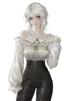 1girl artelsia artist_name black_pants center_opening ciri collarbone commentary english_commentary frilled_sleeves frills high-waist_pants highres jewelry long_hair looking_at_viewer messy_hair necklace off-shoulder_shirt off_shoulder pants shirt simple_background sleeves_past_wrists solo standing the_witcher_(series) the_witcher_3 white_background white_hair white_shirt