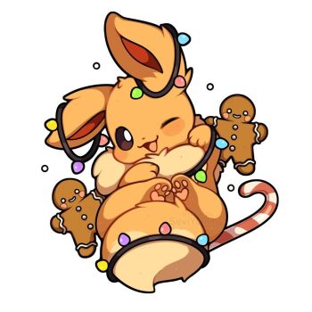 Rule 34 | animal focus, blush, brown eyes, brown fur, candy, candy cane, christmas lights, eevee, food, gen 1 pokemon, gingerbread man, looking at viewer, nintendo, no humans, one eye closed, open mouth, pokemon, pokemon (creature), pokemon focus, sevi (seviyummy), smile