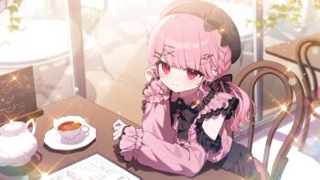 1girl amatsuka_eru artist_request beret black_bow black_bowtie black_hat blurry bow bowtie chair closed_mouth collared_shirt commentary cup depth_of_field earrings frilled_shirt frilled_shirt_collar frilled_sleeves frills hair_ornament hair_ribbon hairclip hat highres indie_virtual_youtuber indoors jewelry jirai_kei long_hair long_sleeves looking_at_viewer low_twintails pink_hair pink_shirt red_eyes restaurant ribbon second-party_source shirt smile solo symbol-only_commentary table teacup twintails virtual_youtuber