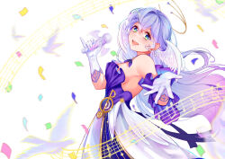 Rule 34 | 1girl, :d, absurdres, bare shoulders, commentary, confetti, detached sleeves, dress, gloves, green eyes, head wings, highres, holding, holding microphone, honkai: star rail, honkai (series), long hair, microphone, musical note, open mouth, purple hair, robin (honkai: star rail), sd4869, smile, solo, staff (music), strapless, strapless dress, very long hair, white gloves, wings