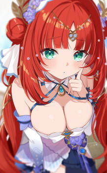 1girl aqua_eyes blue_sleeves blurry blush breasts closed_mouth depth_of_field detached_sleeves dress genshin_impact gradient_sleeves hand_up hashtag-only_commentary highres large_breasts leaning_forward long_hair looking_at_viewer motsunuki nilou_(breeze_of_sabaa)_(genshin_impact) nilou_(genshin_impact) official_alternate_costume red_hair solo twintails white_dress white_sleeves