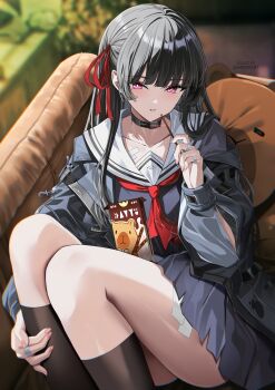 1girl arm_cutout black_choker black_jacket black_serafuku black_shirt black_skirt chisa_(wuthering_waves) choker clothing_cutout collarbone commentary fingernails food hair_ribbon highres hiroki_(hirokiart) holding holding_food holding_pocky indoors jacket long_sleeves mole mole_under_eye neckerchief parted_lips pocky red_eyes red_neckerchief red_ribbon ribbon sailor_collar school_uniform serafuku shirt sitting skirt solo thighs twitter_username white_sailor_collar wuthering_waves