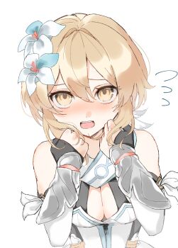 1girl absurdres arm_armor bare_shoulders black_gloves blonde_hair blush breasts cleavage commentary detached_sleeves dress feather_hair_ornament feathers flower flying_sweatdrops genshin_impact gloves hair_between_eyes hair_flower hair_ornament hands_up highres large_breasts long_sleeves looking_at_viewer lumine_(genshin_impact) nihon_no_hentai open_mouth partially_fingerless_gloves short_hair sidelocks simple_background sleeveless sleeveless_dress solo symbol-only_commentary teeth upper_body white_background white_dress white_flower white_sleeves yellow_eyes