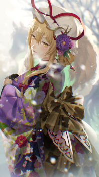 1girl alternate_costume alternate_hairstyle black_gloves blonde_hair blush breath choker commentary_request eye_print floral_print flower furisode gloves hair_flower hair_ornament hair_stick hat hat_ribbon highres japanese_clothes kimono kirisita long_hair looking_at_viewer looking_back mob_cap print_kimono purple_kimono red_ribbon ribbon ribbon_choker solo touhou white_hat yakumo_yukari yellow_eyes