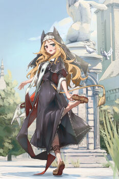 1girl :o absurdres adjusting_clothes adjusting_shoe anklet aqua_eyes archetto_(arknights) archetto_(glory_of_the_devout)_(arknights) architecture arknights bird black_cloak black_dress black_veil blonde_hair blue_sky breasts brown_shoes citrushn_(sushimiganbo) cloak clothing_cutout dove dress fangs frilled_dress frills from_behind full_body greco-roman_architecture heterochromia highres jewelry lion_tail loafers long_dress long_hair long_sidelocks looking_at_object looking_back looking_down medium_breasts no_legwear no_socks nun outdoors pine_tree red_eyes shoes sidelocks sky solo standing standing_on_one_leg statue surprised tail tail_through_clothes three-quarter_sleeves tiptoes tree two-sided_cloak two-sided_fabric veil yellow_tail