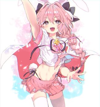 1boy androgynous animal_ears arm_up astolfo_(fate) astolfo_(sailor_paladin)_(fate) bikini black_bow bow braid cape cowboy_shot cropped_shirt fang fate/apocrypha fate/grand_order fate_(series) hair_bow hair_intakes light_blush long_hair male_focus midriff multicolored_hair navel neckerchief official_alternate_costume open_mouth pink_hair pink_neckerchief pink_sailor_collar pink_serafuku pink_skirt pleated_skirt purple_eyes rabbit_ears roda_(roda826) sailor_collar school_uniform serafuku shirt short_cape short_sleeves side-tie_bikini_bottom single_braid skin_fang skirt smile solo streaked_hair swimsuit thighhighs two-sided_cape two-sided_fabric white_hair white_shirt white_thighhighs zettai_ryouiki
