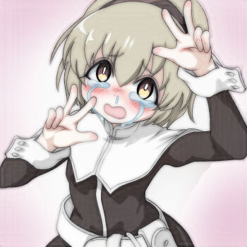 1girl belt black_dress blonde_hair blush capelet crying double_v dress hairband jashin-chan_dropkick long_sleeves looking_at_viewer open_mouth pekora_(jashin-chan_dropkick) pink_background short_hair standing t_jiroo_(ringofriend) tears upper_body v white_belt white_capelet yellow_eyes