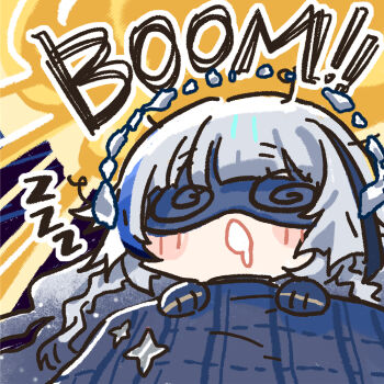 Rule 34 | 1girl, blanket, blue hair, chibi, chibi only, chinese commentary, cui pi zha xia qiu, darkstar hubble (neural cloud), explosion, eye mask, girls' frontline, girls' frontline neural cloud, grey hair, hubble (neural cloud), long hair, mask, official art, saliva, second-party source, sleeping, solo, under covers, zzz