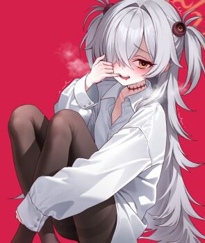 Rule 34 | 1girl, black pantyhose, blue archive, blush, breasts, brown halo, buttons, chano39, collarbone, collared shirt, commentary, crossed legs, english commentary, feet out of frame, finger in own mouth, hair ornament, hair over one eye, halo, hand on own leg, hand up, heavy breathing, highres, kanoe (blue archive), knees up, legs, long hair, long sleeves, looking at viewer, open mouth, pantyhose, red background, scar, scar on neck, shirt, single sleeve past wrist, sitting, small breasts, smile, solo, sweat, sweatdrop, teeth, thighband pantyhose, thighs, trembling, two side up, upper teeth only, very long hair, white hair, white shirt, yellow eyes