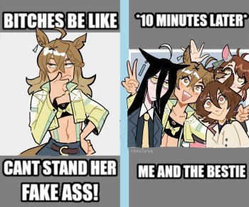 4girls :> agnes_tachyon_(tach-nology)_(umamusume) agnes_tachyon_(umamusume) ahoge animal_ear_piercing animal_ears annoyed aqua_ribbon arms_around_neck bags_under_eyes belt belt_buckle black_hair black_shirt blue_skirt bow bowtie brown_belt brown_eyes brown_hair buckle buttons closed_mouth coat collarbone collared_coat collared_jacket collared_shirt commentary contrast_collar crazy_eyes crop_top cropped_jacket crossed_bangs dantsu_flame_(center_spotlight)_(umamusume) dantsu_flame_(umamusume) double_v ear_covers ear_ornament ear_ribbon earrings english_commentary english_text expressionless eyelashes frown gold_buttons green_bow green_bowtie green_jacket grey_coat hair_between_eyes hair_ornament hairclip hand_on_own_chin hand_on_own_hip hand_up happy highres horse_ears horse_girl horse_tail hypocrisy jacket jam_(umamusume) jewelry jungle_pocket_(champion's_battle_cry)_(umamusume) jungle_pocket_(umamusume) lab_coat lapels leather leather_jacket long_hair long_hair_between_eyes long_sleeves looking_to_the_side manhattan_cafe_(creeping_shadow)_(umamusume) manhattan_cafe_(umamusume) meme midriff multicolored_hair multiple_girls multiple_piercings multiple_views navel necktie notched_ear notched_lapels open_clothes open_coat open_jacket open_mouth pale_skin pink_shirt plaid_ribbon ribbon rookiebe shirt short_hair single_ear_cover skirt sleeves_past_fingers sleeves_past_wrists smile straight_hair streaked_hair stud_earrings suspender_skirt suspenders tail teeth two-tone_ribbon umamusume upper_teeth_only v x_hair_ornament yellow_eyes yellow_necktie yellow_ribbon