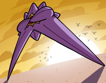 Rule 34 | absurdres, bird, crossed arms, full body, gem, gen 1 pokemon, highres, keenbiscuit, long legs, mega pokemon, mega starmie, nintendo, no humans, outdoors, pokemon, pokemon (creature), pokemon focus, red gemstone, sky, starmie, sun