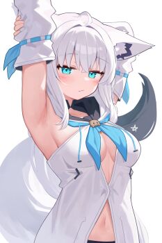 1girl :/ absurdres ahoge animal_ear_fluff animal_ears armpit_focus armpits arms_up blue_eyes blue_neckerchief blush braid breasts closed_mouth commentary deaver detached_sleeves fox_ears fox_girl fox_tail highres hololive hood hood_down hoodie looking_at_viewer medium_breasts midriff navel neckerchief shirakami_fubuki shirakami_fubuki_(1st_costume) side_braid sidelocks simple_background solo tail upper_body virtual_youtuber white_background white_hair white_hoodie white_sleeves