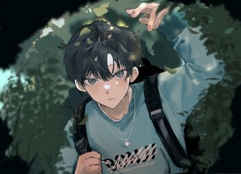 1boy arm_up backpack bag black_bag black_hair blue_shirt blurry blurry_background bush closed_mouth commentary_request day expressionless grey_eyes hair_between_eyes long_sleeves looking_at_viewer male_focus mole mole_under_eye original outdoors parted_bangs sahi00000 shirt short_hair solo upper_body