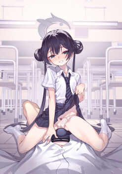 1boy 1girl assertive_female black_hair black_necktie black_skirt blue_archive blush bow bow_panties braid braided_bun bulge bun_with_braided_base chair chalkboard classroom clothes_lift collared_shirt cowgirl_position crotch_seam desk dot_nose double-parted_bangs double_bun erection erection_under_clothes fingernails girl_on_top grey_eyes grey_halo grin hair_between_eyes hair_bun half-closed_eyes halo hand_on_another's_hip hand_up hetero highres indoors kisaki_(blue_archive) kisaki_(school_uniform)_(blue_archive) lifting_own_clothes loli long_hair looking_at_viewer looking_back matsuryuu necktie no_shoes nose_blush panties pink_panties pleated_skirt pov school_chair school_desk school_uniform shirt shirt_tucked_in short_sleeves skirt skirt_lift smile socks straddling thighs twintails underwear very_long_hair white_shirt white_socks wing_collar
