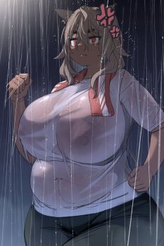 1girl :t anger_vein animal_ears belly black_pants blonde_hair breasts clenched_hands closed_mouth dark-skinned_female dark_skin hair_between_eyes highres huge_breasts indie_virtual_youtuber large_areolae medium_hair nipples no_bra outdoors pants plump rain red_eyes running see-through_clothes shirt solo towel towel_around_neck upper_body virtual_youtuber white_shirt yana_(nekoarashi) yana_(vtuber)