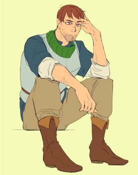 1boy armor beard_stubble boots brown_hair chilchuck_tims chilchuck_tims_(tallman) dungeon_meshi facial_hair highres karina_farek male_focus mature_male neck_warmer pants shirt short_hair simple_background solo sparse_arm_hair stubble