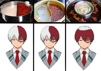 1boy absurdres blue_eyes boku_no_hero_academia closed_mouth collared_shirt commentary_request food grey_jacket hair_between_eyes heterochromia highres hotpot jacket kariki_hajime male_focus multicolored_hair multiple_views necktie photo_inset red_eyes red_hair red_necktie shirt short_hair split-color_hair todoroki_shoto two-tone_hair variations white_hair
