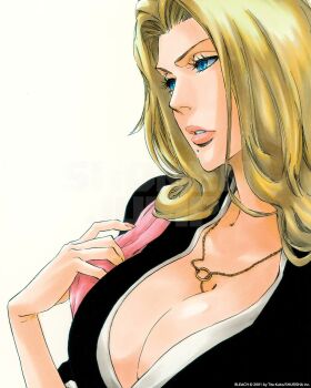 Rule 34 | 1girl, artist name, black kimono, bleach, blonde hair, blue eyes, breasts, cleavage, commentary, copyright name, cover, dated, english commentary, highres, huge breasts, japanese clothes, jewelry, kimono, kubo tite, long hair, matsumoto rangiku, mature female, mole, mole under mouth, necklace, necklace between breasts, official art, parted lips, second-party source, simple background, solo, upper body, white background