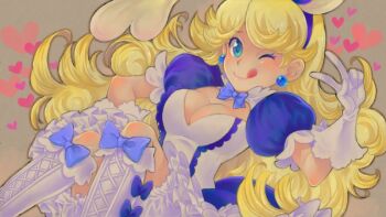 1girl animal_ear_hairband animal_ears blonde_hair bloomers blue_bow blue_bowtie blue_dress blue_eyes blue_hairband boots bow bowtie bravely_default:_flying_fairy bravely_default_(series) breasts cleavage closed_mouth commentary_request dress earrings fake_animal_ears footwear_bow gloves grey_background hairband heart jewelry knee_boots lace-up_boots long_hair medium_breasts praline_a_la_mode puffy_short_sleeves puffy_sleeves rabbit_ear_hairband rabbit_ears saikachi_(ogre_tree) short_sleeves smile solo sphere_earrings tongue tongue_out two-tone_dress underwear white_bloomers white_boots white_dress white_gloves