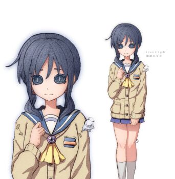 Rule 34 | 1girl, ascot, blue hair, blue sailor collar, blue skirt, button eyes, buttons, cardigan, closed mouth, commentary request, corpse party, crossover, hair between eyes, hand up, highres, identity v, kisaragi academy school uniform, light frown, long hair, low ponytail, low twintails, pleated skirt, pon oi4, ponytail, sailor collar, school uniform, shinozaki ayumi, simple background, skirt, socks, stitched clothes, stitched leg, stitches, stuffing, translation request, twintails, white background, white socks, yellow ascot, yellow cardigan, zoom layer