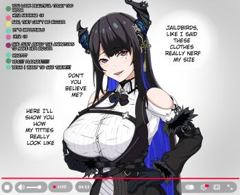 1girl absurdres asymmetrical_horns black_hair blue_hair breasts colored_inner_hair commentary demon_horns english_commentary english_text gloves hair_ornament highres hololive hololive_english horns kyoya_99 large_breasts livestream long_hair looking_at_viewer mole mole_under_eye multicolored_hair nerissa_ravencroft nerissa_ravencroft_(1st_costume) open_mouth red_eyes shirt smile solo two-tone_hair uneven_horns virtual_youtuber