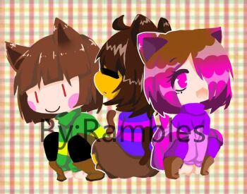 animal_ears background-color bete_noire better_noire blue_sweater boots brown_hair cat_ears chara_(undertale) closed_eyes frisk_(undertale) glitchtale green_sweater neko pink_eyes pink_hair pink_sweater purple_sweater red_eyes short_hair smile sweater tail undertale undertale_au utdr_(toby_fox) watermark yellow_sweater