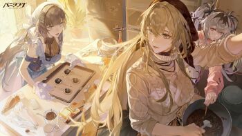 3girls absurdres alternate_costume apron baking_sheet bare_shoulders bianca_(pgr) black_bow black_hair black_streaks blonde_hair blue_apron blue_bow blue_dress blue_eyes blue_hair book bookshelf bow bowl braid brown_apron brown_sweater butter butter_knife character-themed_food character_sticker chocolate closed_mouth colored_inner_hair commandant_(pgr) commentary_request copyright_name cream crossed_bangs cup cutting_board double-parted_bangs dress fingernails floral_print food food_packaging frilled_apron frills glass_bottle grey_hair hair_between_eyes hair_intakes hair_ornament hair_stick hairclip halter_dress halterneck highres holding holding_food holding_spatula holding_tray horizontal_pupils indoors jacket jar jetavie_(pgr) jewelry kitchen knife leaning_forward long_hair long_sleeves looking_back lower_teeth_only measuring_cup mechanical_tail milk_carton mismatched_pupils mixing mixing_bowl mole mole_under_eye multicolored_hair multiple_girls nail_polish necklace official_art open_mouth oven oven_mitts parted_lips pastry_bag pink_jacket pink_nails plant plate plate_stack pocky pocky_day potted_plant punishing:_gray_raven red_eyes refrigerator rose_print selena_(pgr) sidelocks sleeveless sleeveless_dress sleeves_past_wrists sleeves_pushed_up sleeves_rolled_up smile spatula standing sticker sticky_note streaked_hair sweater symbol-shaped_pupils tail teeth tray turtleneck turtleneck_sweater twin_braids twintails white_apron x-shaped_pupils yellow_eyes