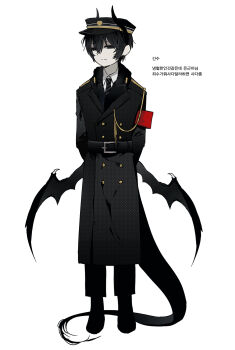 1girl aiguillette allsu_official armband arms_behind_back black_coat black_eyes black_hair coat commentary dragon_girl dragon_horns dragon_tail dragon_wings empty_eyes english_commentary gakuran hat highres horns korean_text low_wings original peaked_cap red_armband reverse_trap school_uniform short_hair simple_background standing tail translation_request trench_coat white_background wings
