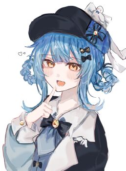 1girl bird black_bow black_bowtie black_capelet black_hat blue_hair blue_hat blue_necktie blush bow bowtie braid braided_hair_rings capelet collarbone collared_shirt deerstalker double-parted_bangs finger_to_mouth hair_ornament hair_rings hand_up hat hat_bow hat_ribbon heart highres index_finger_raised long_sleeves mahou_shoujo_no_majo_saiban medium_hair mirin_(mir1n0) multicolored_hat necktie open_mouth orange_eyes ribbon shirt simple_background solo tachibana_sherry upper_body white_background white_bird white_bow white_ribbon wing_ornament