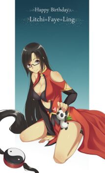 Rule 34 | 1girl, absurdly long hair, bare shoulders, black hair, blazblue, blazblue: calamity trigger, blazblue: central fiction, blazblue: chronophantasma, blazblue: continuum shift, breasts, china dress, chinese clothes, cleavage, cleavage cutout, clothing cutout, doll, dress, english text, female focus, glasses, large breasts, litchi faye ling, long hair, looking at viewer, low-tied long hair, panda, simple background, smile, solo, very long hair