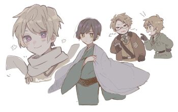 Rule 34 | > <, 4boys, ahoge, america (hetalia), arrow (symbol), artist name, axis powers hetalia, belt, black-framed eyewear, black belt, black gloves, black hair, black necktie, blonde hair, blue kimono, blush, breast pocket, bright pupils, brown coat, brown jacket, clenched hand, closed eyes, closed mouth, coat, collared coat, collared shirt, commentary request, cup, disposable cup, drinking straw, floating clothes, flower, fur-trimmed jacket, fur trim, glasses, gloves, green eyes, green jacket, green necktie, green shirt, hand on own hip, hand up, haori, holding, holding cup, jacket, japan (hetalia), japanese clothes, kimono, lapels, long sleeves, looking at another, looking at viewer, male focus, military, military jacket, military uniform, multiple boys, necktie, open clothes, open jacket, open mouth, pocket, pointing, pointing at another, ponlen02, puffy long sleeves, puffy sleeves, purple eyes, russia (hetalia), scarf, semi-rimless eyewear, shirt, short hair, simple background, smile, star (symbol), star print, sweatdrop, united kingdom (hetalia), upper body, white background, white haori, white pupils, white scarf, white shirt, wide sleeves, yellow eyes, yellow jacket