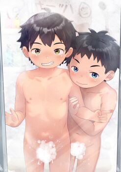 2boys aota_xxx black_hair blue_eyes brown_eyes completely_nude convenient_censoring highres holding_another's_arm indoors kodomo_doushi looking_at_viewer male_focus mirror multiple_boys navel nipples nude original same-sex_bathing shared_bathing shota smile soap_bubbles soap_censor standing