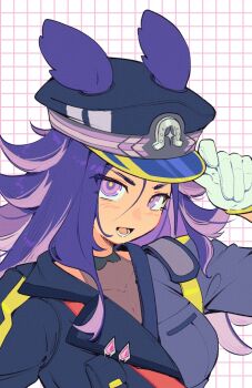 1girl animal_ears bea_lenoir black_hat black_jacket breasts collared_jacket collared_shirt colored_inner_hair covered_collarbone ears_through_headwear eyes_visible_through_hair fenomeno_(black_flames_of_the_righteous_spirit)_(umamusume) fenomeno_(umamusume) gloves grey_jacket grey_shirt grid_background hair_between_eyes halter_shirt halterneck hand_on_headwear hat horse_ears horse_girl horseshoe_ornament jacket lapels large_breasts long_hair long_hair_between_eyes long_sleeves lower_teeth_only multicolored_hair multicolored_jacket notched_lapels open_mouth peaked_cap purple_eyes purple_hair see-through_clothes see-through_shirt shirt single_shoulder_pad smile solo teeth tsurime two-tone_jacket umamusume upper_body very_long_hair white_background white_gloves yellow_pupils