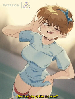 1girl :d alternate_hair_length alternate_hairstyle artist_self-insert blue_shirt bluethebone bluesona_(bluethebone) blurry blurry_background breasts brown_eyes brown_hair commentary covered_erect_nipples english_commentary english_text hairband hand_up hands_on_own_hips highres large_breasts looking_at_viewer meme no_pants open_mouth original pajamas_challenge_(meme) polka_dot polka_dot_legwear polka_dot_thighhighs retro_artstyle shirt short_hair smile smug solo subtitled t-shirt taut_clothes teeth thighhighs tongue tongue_out uneven_eyes upper_teeth_only