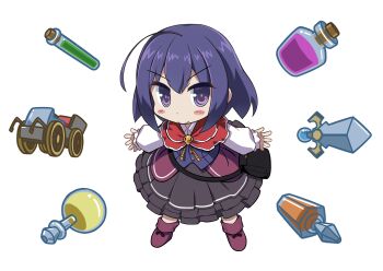 1girl absurdres ahoge bag blush brown_skirt buttons capelet chibi closed_mouth collared_shirt commentary_request frilled_skirt frills full_body highres long_sleeves looking_at_viewer nagase_kaoru potion potion-danomi_de_ikinobimasu! purple_eyes purple_hair purple_vest shirt short_hair shoulder_bag skirt smile solo sword transparent_background vest vial weapon white_shirt yasuki_(yaski)