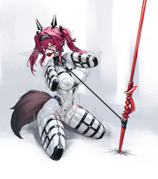 1girl absurdres anal_beads anal_tail ball_gag barcode bdsm bitchsuit bodysuit bondage bound bound_arms bound_legs breasts butt_plug collar commentary_request dildo dildo_under_clothes egg_vibrator fake_tail female_focus gag gag_harness gagged harness highres human_dog kumachi_(aikawaakeya) large_breasts latex latex_bodysuit leash long_hair lupa_(wuthering_waves) object_insertion orange_eyes pet_play polearm red_hair remote_control_vibrator sex_toy simple_background skin_tight skindentation slave solo spear tail trembling twintails vaginal vaginal_object_insertion vibrator vibrator_in_thigh_strap vibrator_under_clothes weapon white_background wuthering_waves