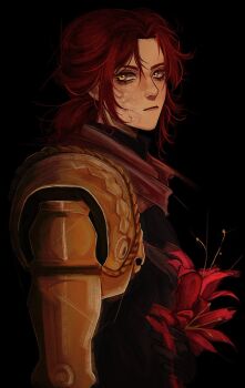 1girl black_background closed_mouth commentary elden_ring english_commentary flower highres knightaout long_hair looking_at_viewer mechanical_arms millicent_(elden_ring) ponytail prosthesis prosthetic_arm red_flower red_hair scar scar_on_face short_ponytail simple_background single_mechanical_arm solo yellow_eyes